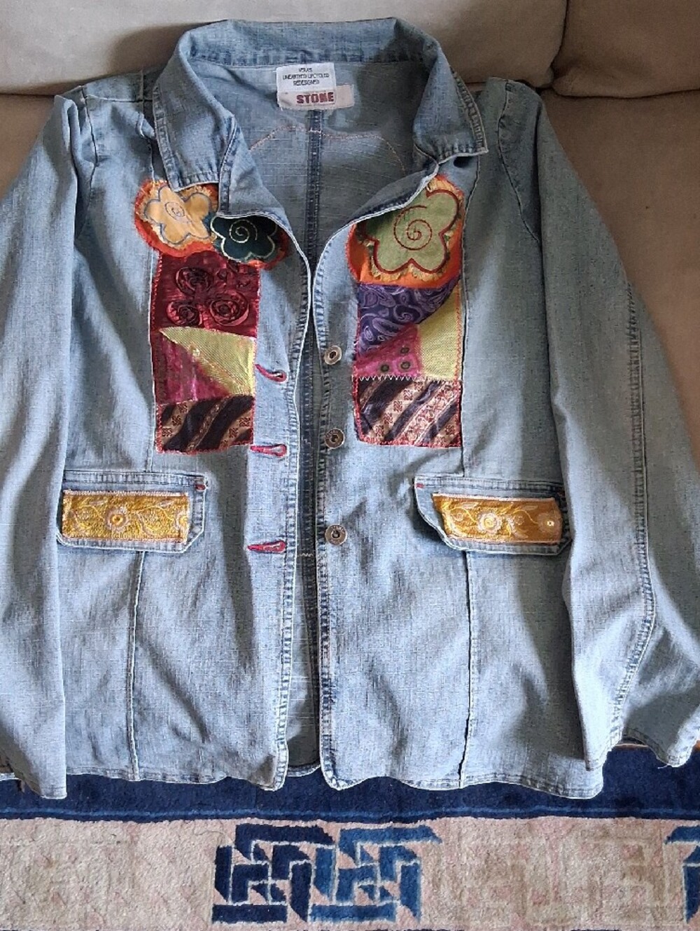 Stone Light Blue Denim Jacket Upcycled By Vera with Multicolor Floral Patchwork